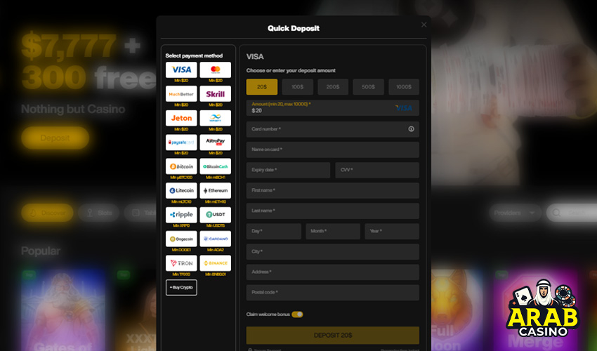 deposit methods on JustCasino