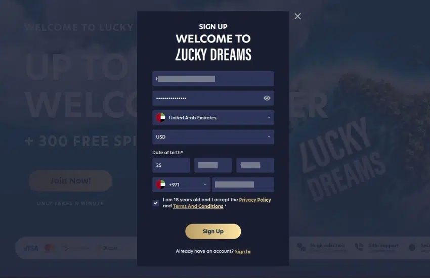 Screenshot of my sign up process and form filling at Lucky Dreams Casino