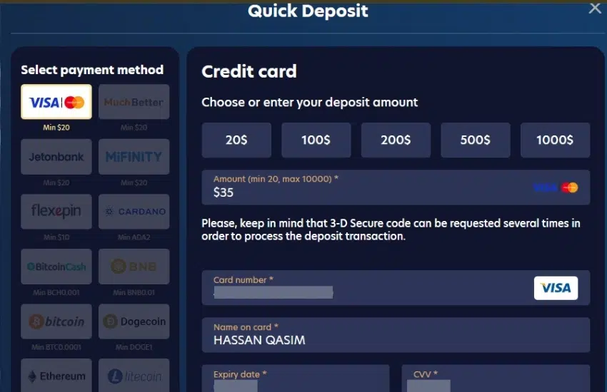 Screenshot showing my 35 dollars deposit at Lucky Dreams using my Visa credit card