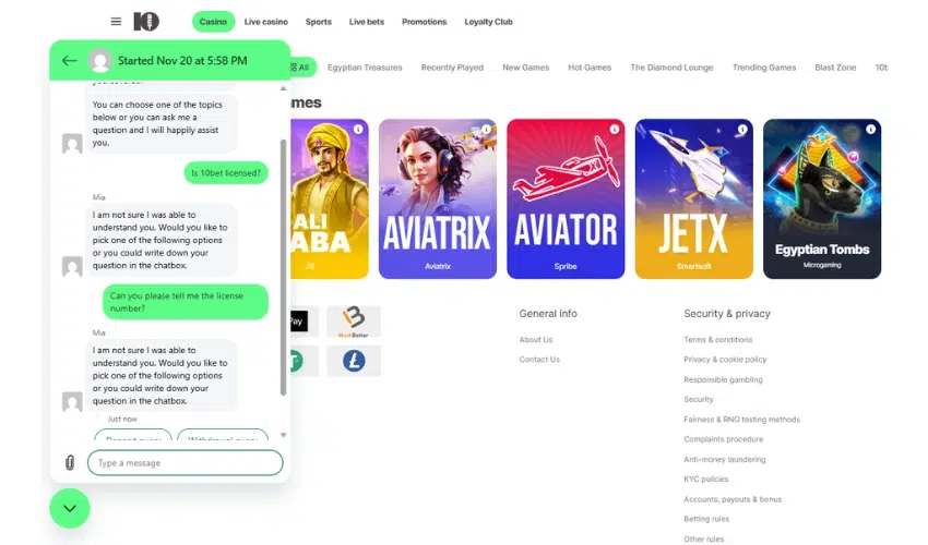 The screenshot shows my conversation with 10bet casino customer support