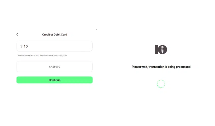 The screenshot shows deposit via Visa Card and processing of transaction