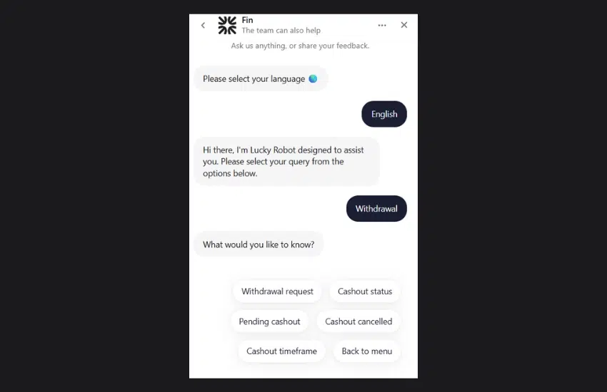 Screenshot of messaging with chatbot at Lucky Ones Casino