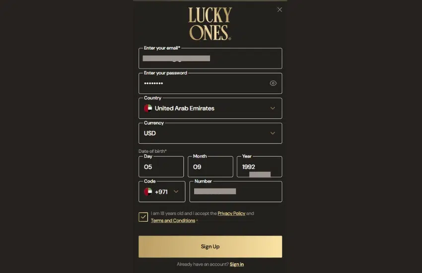 Screenshot of my registration at Lucky Ones Casino