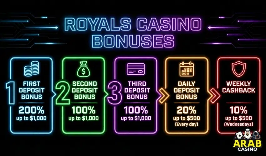 Infographic about Bonuses at Royals Casino Curacao License