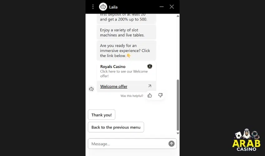 Interaction with customer support at Royals Casino