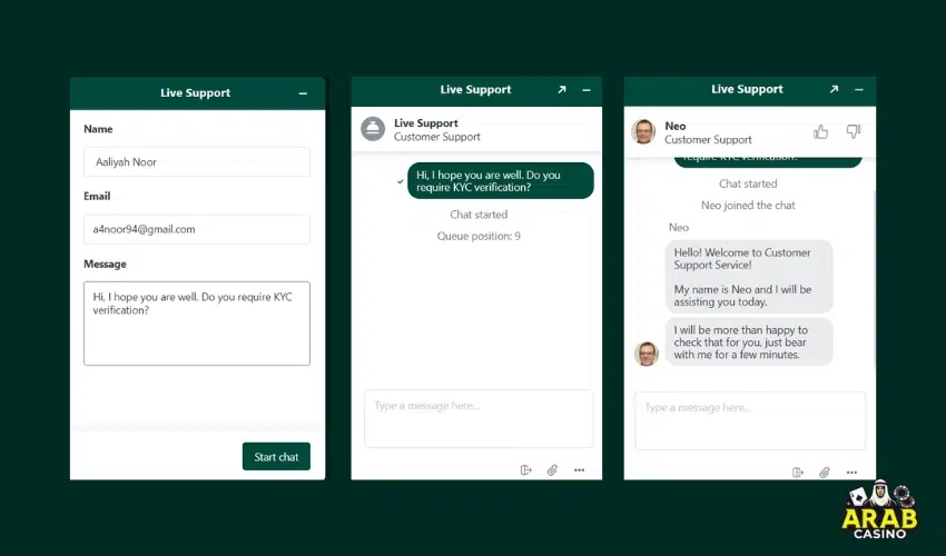 Chatting with support team at Casinia
