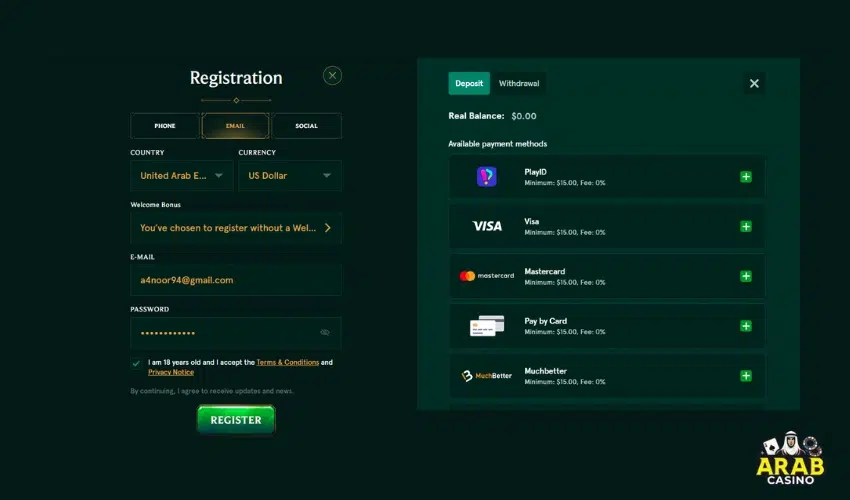 Registration and deposit at Casinia Casino