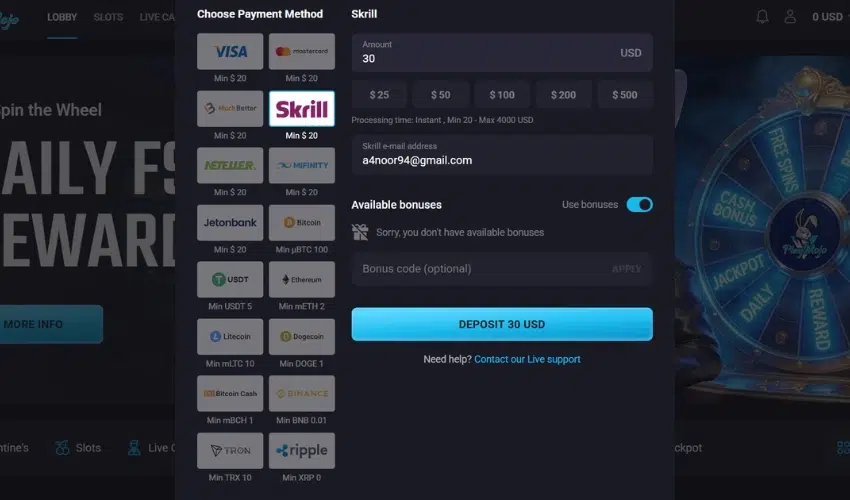 PlayMojo deposit methods and options