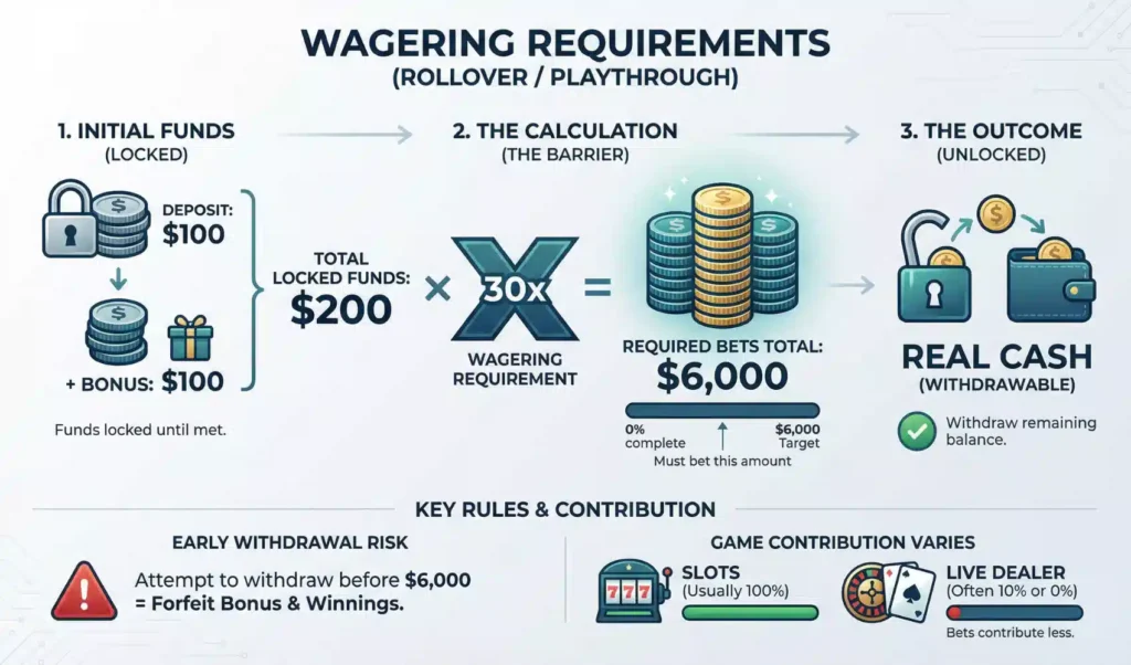 An infographic about wagering requirements explanation for Arab players in online casinos