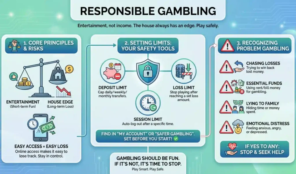 Responsible Gambling explained with examples for Arab players playing in online casinos infographic